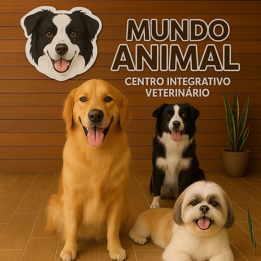 Banner da Mundo Animal - Centro Integrativo Veterinário em Palotina - PR, com três cachorros